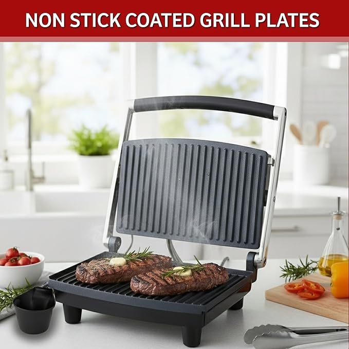 Panini Press Gourmet Grilled Cheese and Sandwich Maker - Electric Indoor Grill with Drip Tray for Healthy Cooking Options by Chef Buddy (Silver)