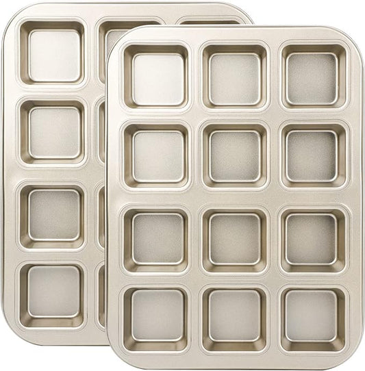 Beasea Brownie Pan with Dividers, 2 Set Gold All Edges Square Cupcake Brownie Pans 12 Mini Cavity Non Stick Baking Carbon Steel Bread Mold Small Edge 3x4 Individual Cutter Sheet Tray for Cake Oven
