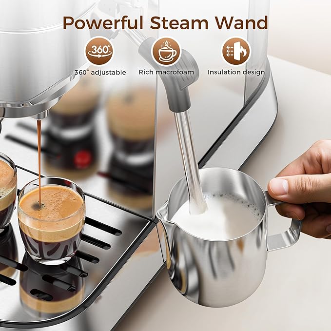 Kndko Espresso Machine, 20 Bar Espresso Maker with Milk Frother, Compact Stainless Steel Coffee Machine with 40.5oz Removable Water Tank for Cappuccino, Latte