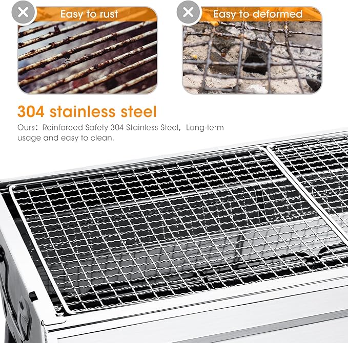 Uten Barbecue Grill, Stainless Steel BBQ, Large Folding Portable BBQ Grill, Charcoal Grill for Outdoor Cooking Camping Hiking Picnics