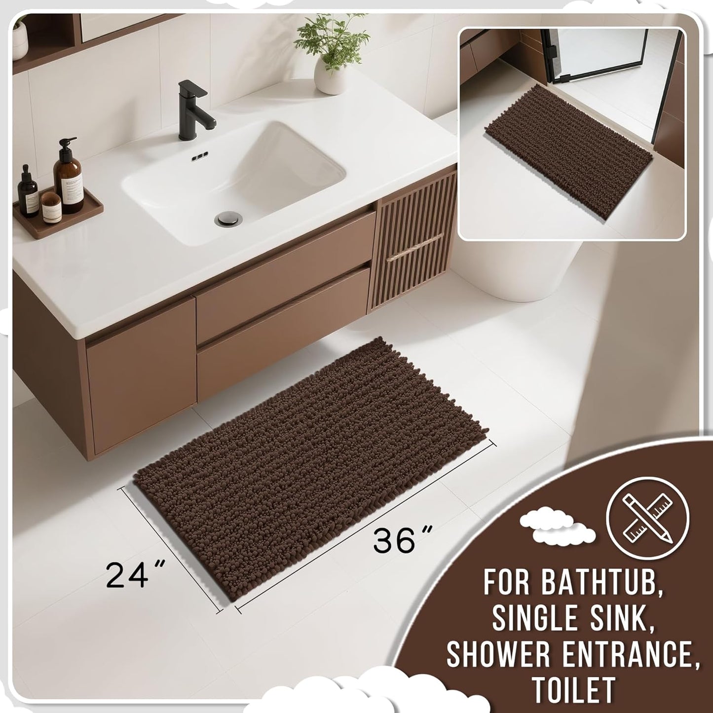Yimobra Large Bathroom Rugs Non Slip Washable 36x24 Inch - Ultra Soft Absorbent Chenille Bath Mat, Quick Dry Shaggy Floor Carpet for Tub Shower, Brown Home Decor Accessories