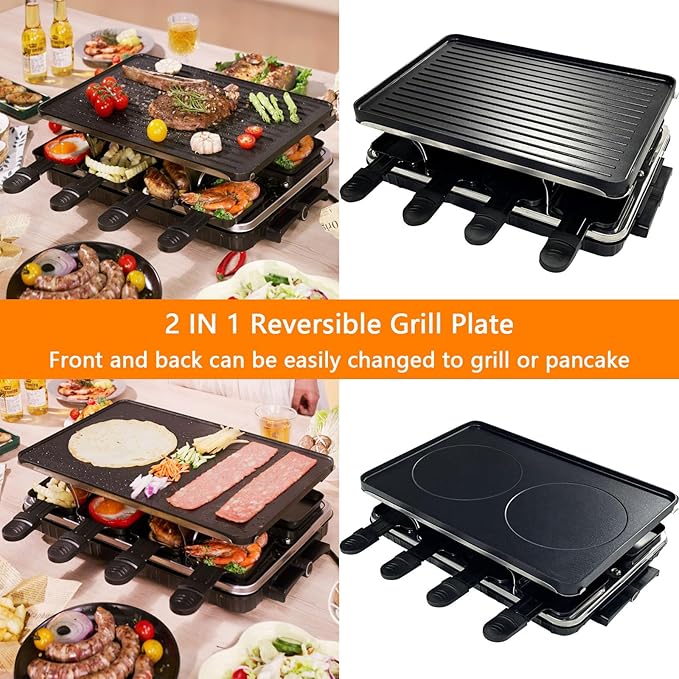 Korean BBQ Grill 2 in 1 Electric Griddle, Nonstick Electric Raclette Grill with 8 Raclette Pans, Adjustable Temperature 1300W,Reversible Smokeless for Indoor Family Party