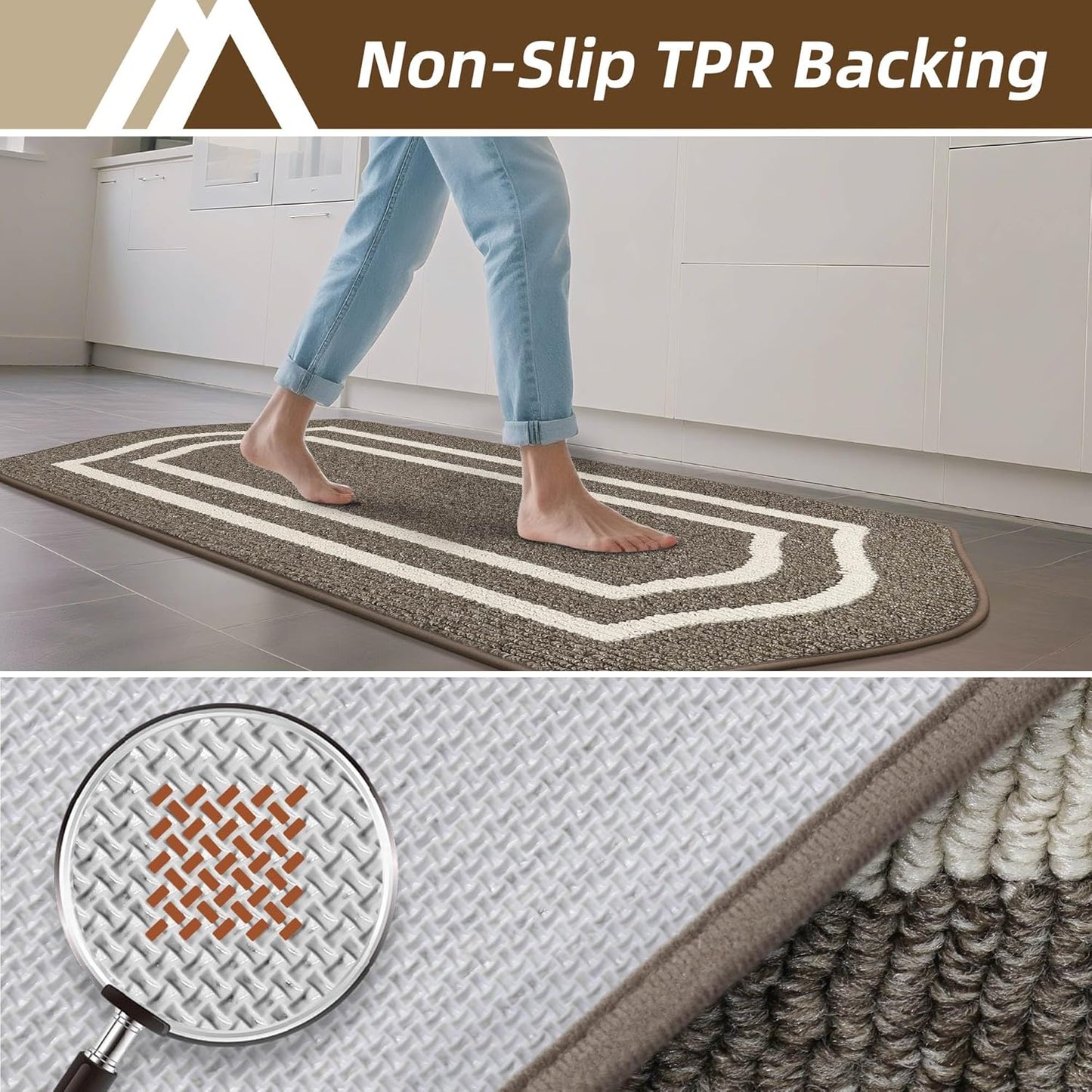 COSY HOMEER Long Kitchen Floor Mats for in Front of Sink Super Absorbent Kitchen Rugs and Mats 24"x59" Non-Skid Kitchen Mat Standing Mat Washable,Polypropylene,Brown,Frame