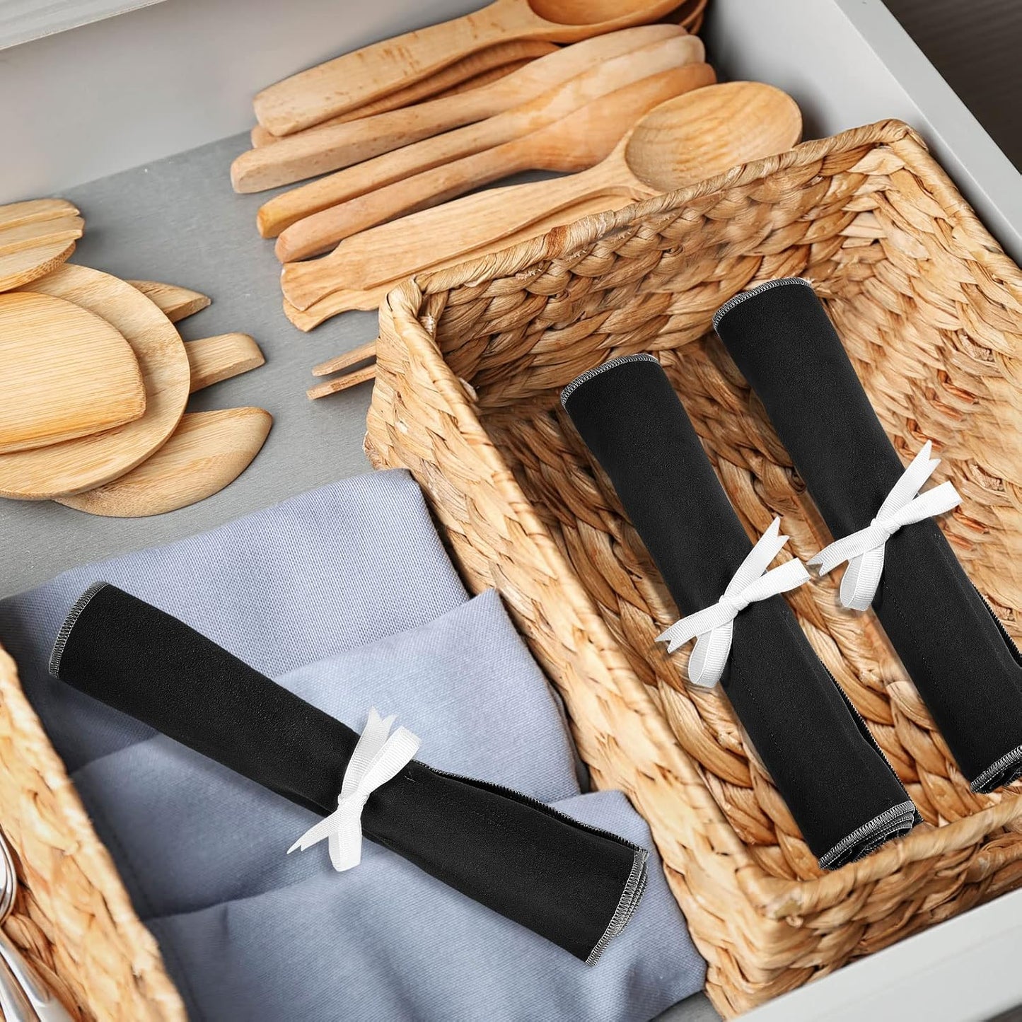 Hillban 12 Pcs Anti Tarnish Silver Storage Bags Silver Storage Cloth Felt Flatware Organizer Anti Tarnish Protector Bags Place Setting Roll with White Ribbon for Kitchen Cutlery Utensils (Black)