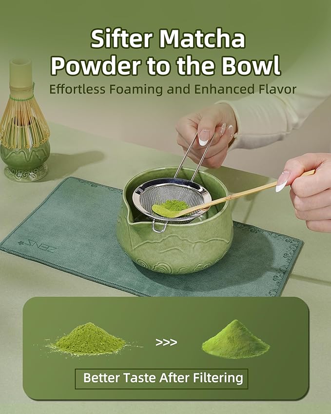 ZENS Matcha Whisk Set, 15oz Ceramic Matcha Set Includes Matcha Bowl, Bamboo Whisk & Chasen Holder, Sifter, Scoop & Tea Towel, 6pcs Matcha Kit for Matcha Latte, Emerald Green