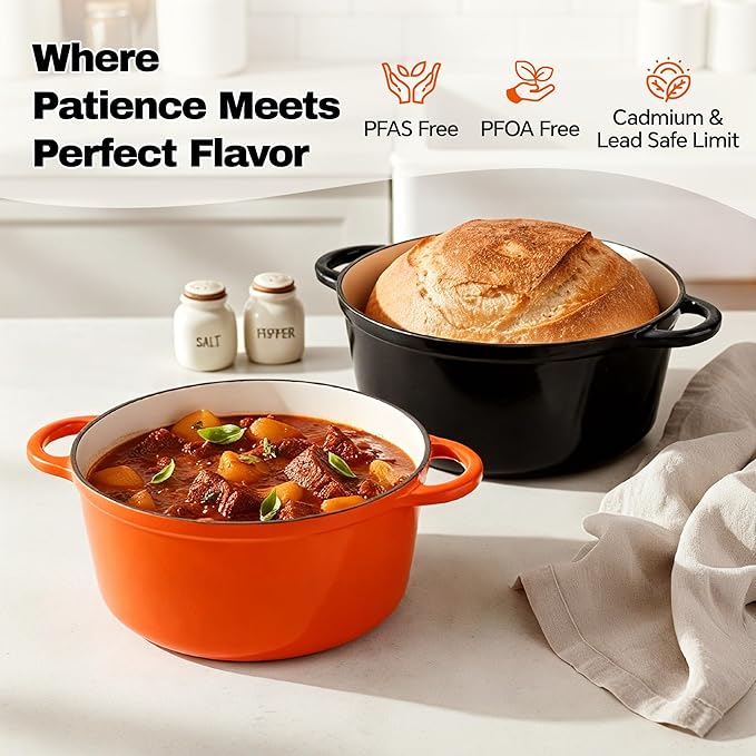 7 Quart Dutch Oven Pot with Lid, Non Stick Enameled Cast Iron Dutch Oven for Bread Baking, Heavy-Duty, Oven Safe Ceramic Cookware Up to 500°F for Baking, Braising, Stews, Roasting, Orange