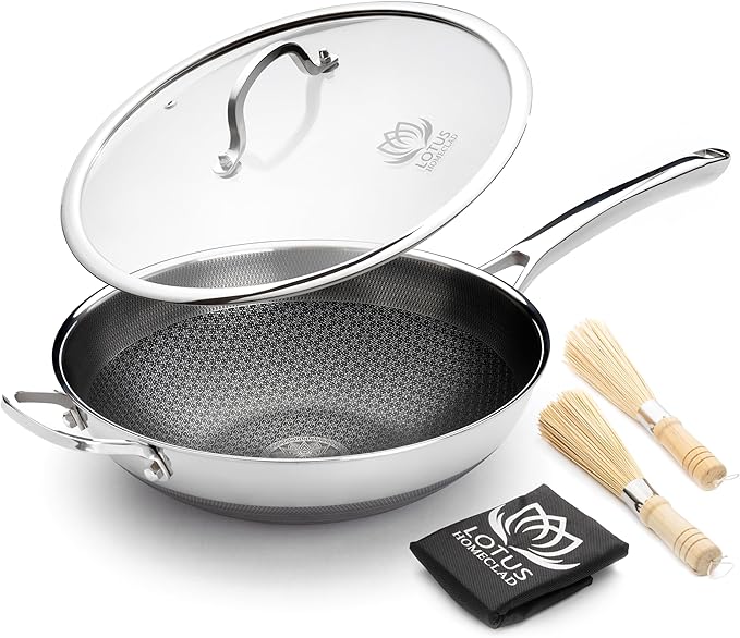 Hybrid Wok Pan, 12-Inch Woks & Stir-Fry Pans Nonstick, Stainless Steel Cookware, Induction Wok With Lid, PFOA Free, Dishwasher Safe Cooking Pan For All Cooktops, Bonus Bamboo Dish Brush