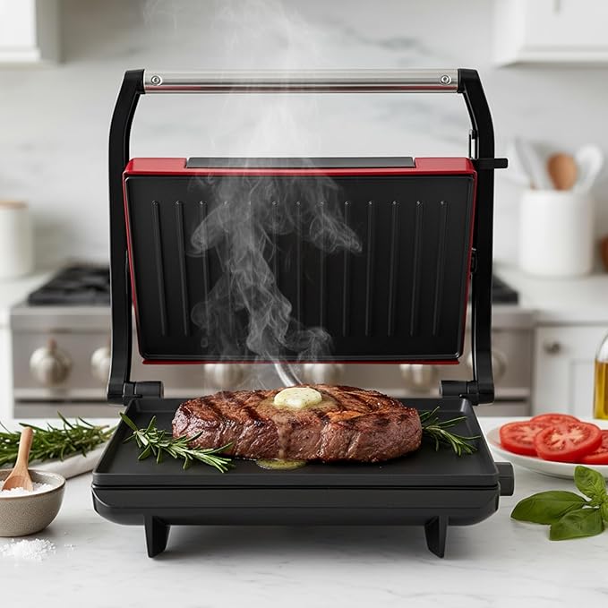Panini Press - Sandwich Maker with Nonstick Plates - Indoor Countertop Grill for Cooking Burgers, Steak, Grilled Cheese, and More by Chef Buddy (Red)