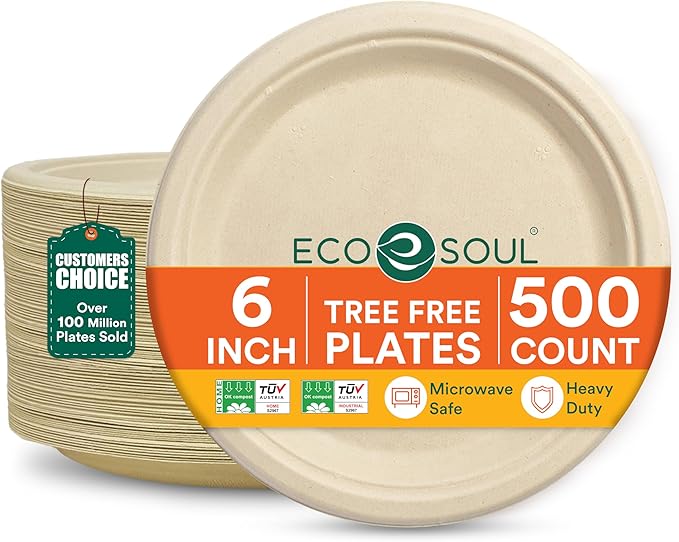 ECO SOUL Compostable Paper Plates 6 Inch (500 Count) Heavy Duty Disposable Dessert Plates, Eco-Friendly Sugarcane Bagasse Small Plates For Appetizer- Natural Brown