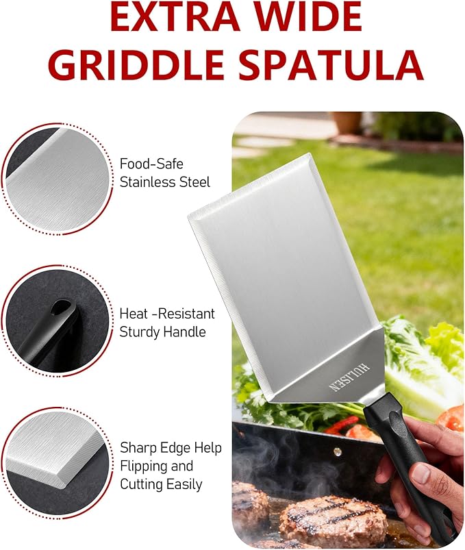 HULISEN Stainless Steel Large Grill Spatula - 6 x 5 Inch Heavy-Duty Metal Spatula with Cutting Edges, Kitchen Griddle Accessories, Smashed Burger Turner Scraper for BBQ Grill and Flat Top Griddle