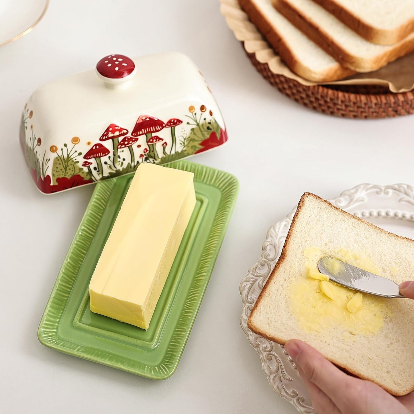 Fungi Fun Mushroom Butter Dish With Lid – Cute Cottagecore Ceramic Storage Container, Vintage French Covered Tray, Boho Farmhouse Kitchen Decor Gift, Unique Countertop Holder (White, Standard)