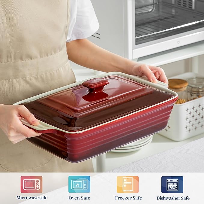 LOVECASA 4.5 Quart Ceramic Casserole Dish with Lid, 9x13 Baking Dish for Oven, Lasagna Pan Deep with Handles, Stoneware Bakeware, Oven & Dishwasher Safe, Gradient Red