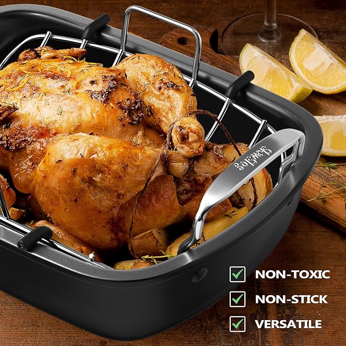 Roasting Pan, 17x13 Inch Nonstick Turkey Roaster with Removable Rack & Cooking Kit,Roaster Pan for Roasting Turkey, Meat & Vegetables (Silver)