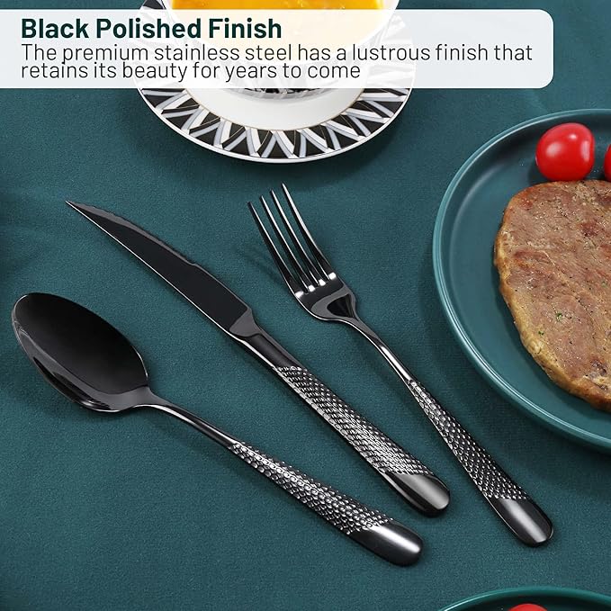 Silverware Set, 30 Pieces Black Hammered Flatware Set for 6, Mirror Polished Stainless Steel Cutlery Set for Home, Kitchen, Restaurant and Hotel, Dishwasher Safe