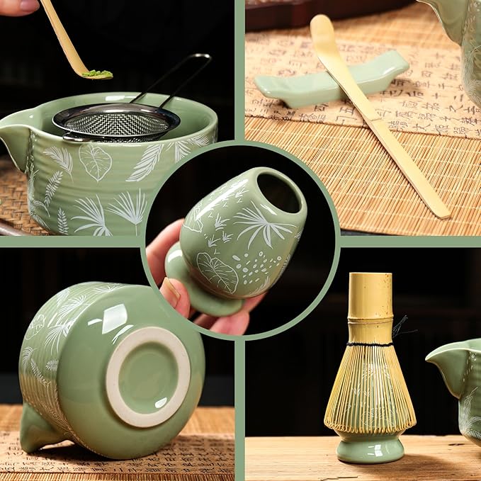 Matcha Whisk Set, 7 PCS Japanese Tea Set Includes Matcha Bowl with Spout, Whisk & Holder, Bamboo Scoop, Stainless Sifter, Towel, Ceramic Matcha Kit Making Tools, Gift for Matcha Lovers, green