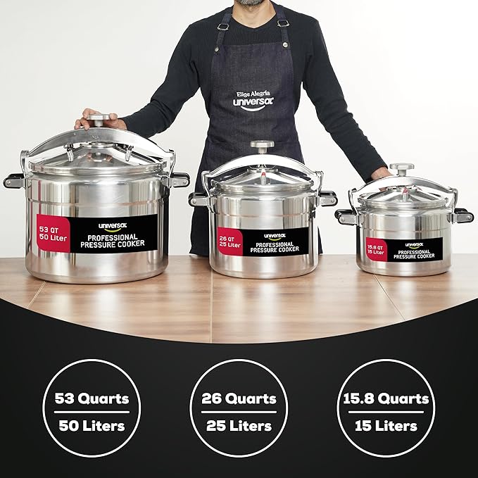 Universal (Extra Large) 53-Quart Aluminum Pressure Cooker for Professional Use – Commercial-Grade, 2 Safety Valves, Reinforced Handles, Easy-Open Lid, – Ideal for Large Kitchens, and Restaurants