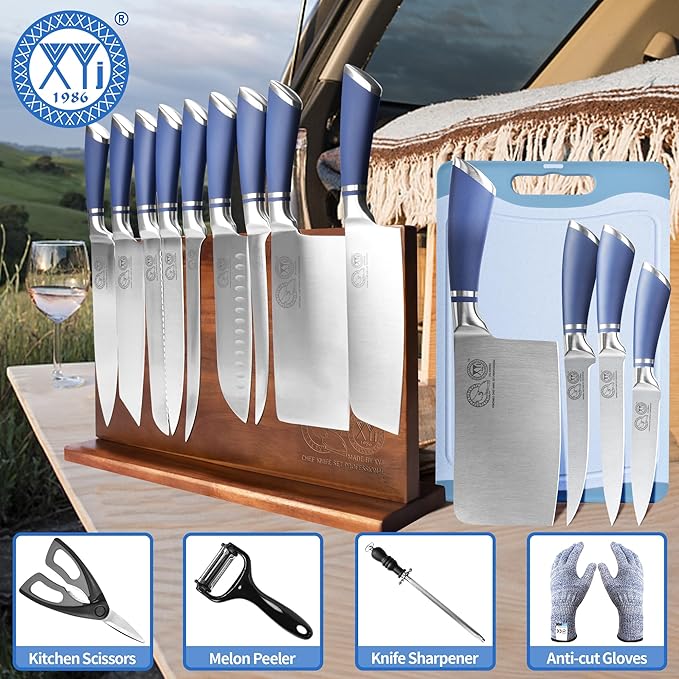 XYJ Knives,Professional Knife Sets for Master Chefs,13pcs Stainless Steel Chef Knife Set with Magnetic Knife Block,Kitchen Tools,Meat Cleaver Butcher for Camping,Kitchen Knife Set