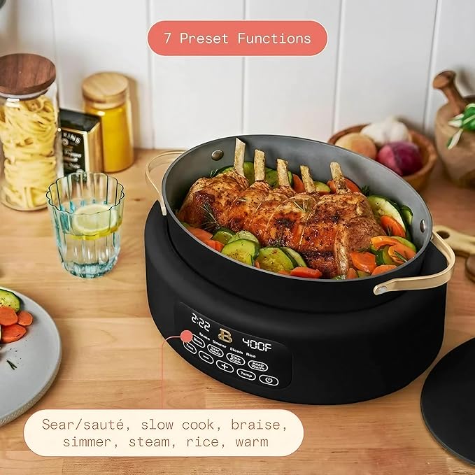 Beautiful 10-in-1 6Qt Electric Multi-Cooker by Drew Barrymore – Slow and Rice Cooker, Steamer, Dutch Oven, Sauté & More – Touch Display, Oven Safe, Dishwasher Safe (Black Sesame)