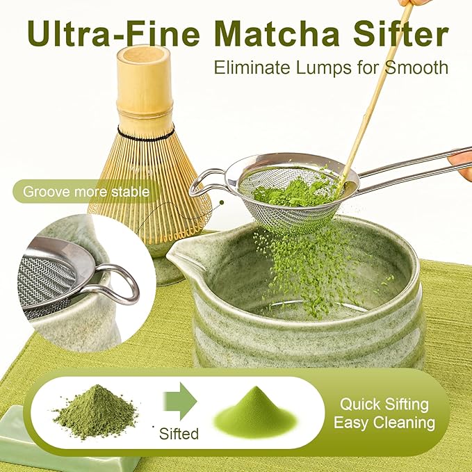 Matcha Whisk Set, 7Pcs Matcha Set - 18oz Matcha Bowl with Spout, Bamboo Matcha whisk & Ceramic Holder, Sifter/Scoop/Stand/Towel, Matcha Kit for Tea Lovers, Ideal Gift Set (Speckled green)