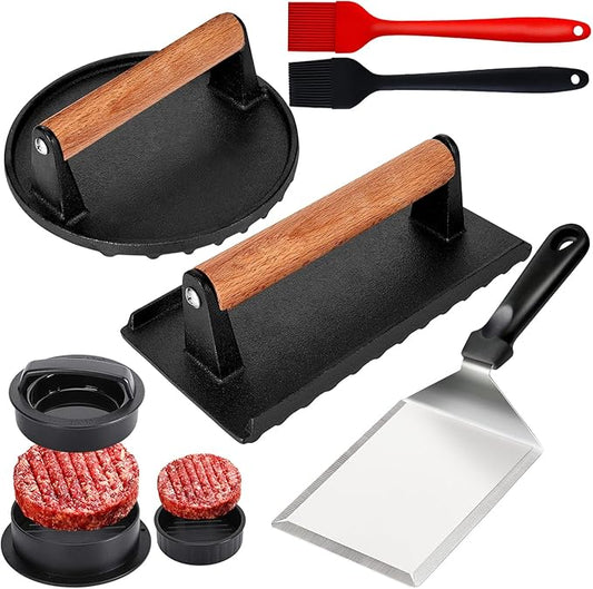 6PCS Burger Press Set for Blackstone - Round Smash Burger Press & Rectangle Cast Iron Grill Press with Wooden Handle, Stainless Steel Griddle Spatula, Hamburger Press and Basting Brush for Barbecue