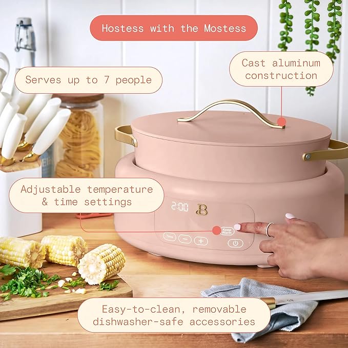 Beautiful 10-in-1 6Qt Electric Multi-Cooker by Drew Barrymore – Slow and Rice Cooker, Steamer, Dutch Oven, Sauté & More – Touch Display, Oven Safe, Dishwasher Safe (Rose)