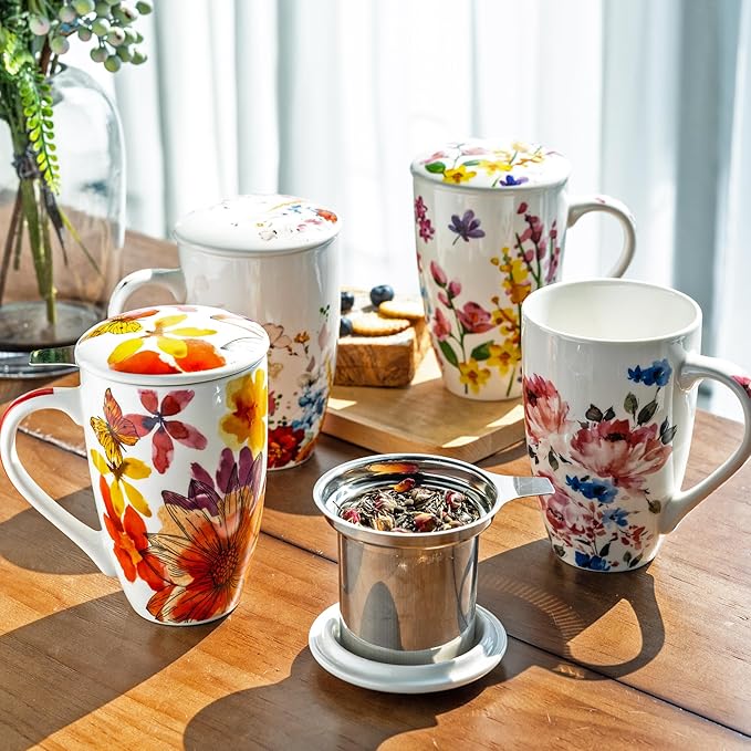 GBHOME Tea Mug with Infuser and Lid, 18 Ounce Large Ceramic Loose Leaf Cup, Microwave, Dishwasher Safe, Perfect for Tea Lovers
