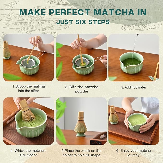 ZentButCool Matcha Set Includes Ceramic Matcha Bowl, Bamboo Whisk (Chasen), Scoop, Stainless Steel Matcha Sifter, And Whisk Holder (Nature)