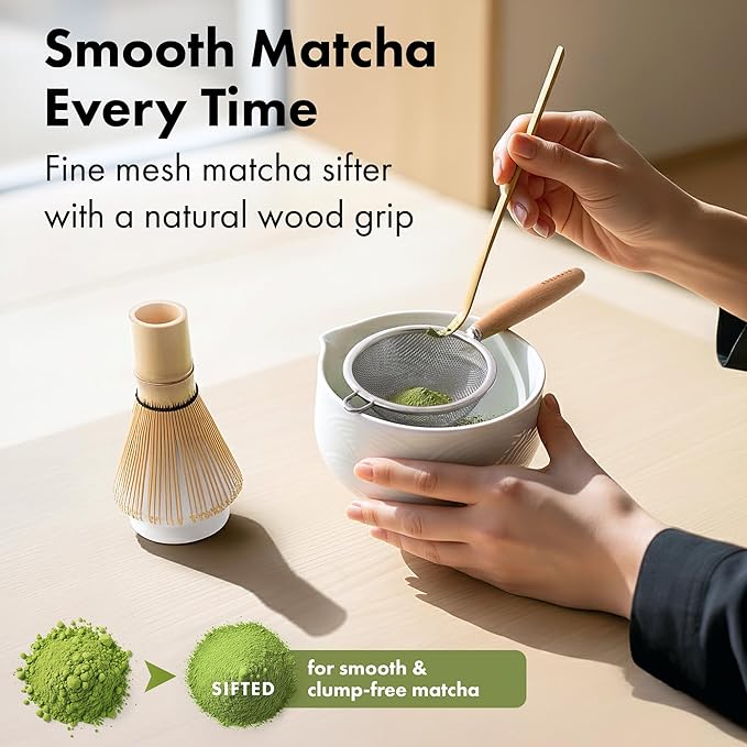 Matcha Kit Whisk Set (7 Pcs) - Complete Matcha Set, Matcha Bowl with with Bowl, Whisk and Holder, Bamboo Spoon/Scoop, Scoop Rester and Sifter incl. Booklet