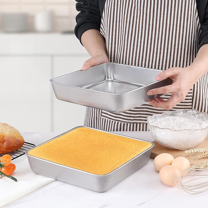 LIANYU 4 Pack 8/9 Inch Square Baking Cake Pan, Stainless Steel Brownie Bread Cake Molds, Square Bakeware for Lasagna Pie, Oven & Dishwasher Safe, 2 PCS 8-Inches + 2 PCS 9- Inches