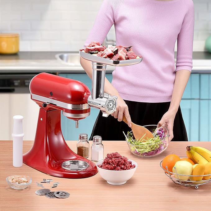 Metal Food Grinder Attachments for KitchenAid Stand Mixers, Meat Grinder, Sausage Stuffer, Perfect Mixer Attachment for KitchenAid Mixers, Silver(Machine/Mixer Not Included)