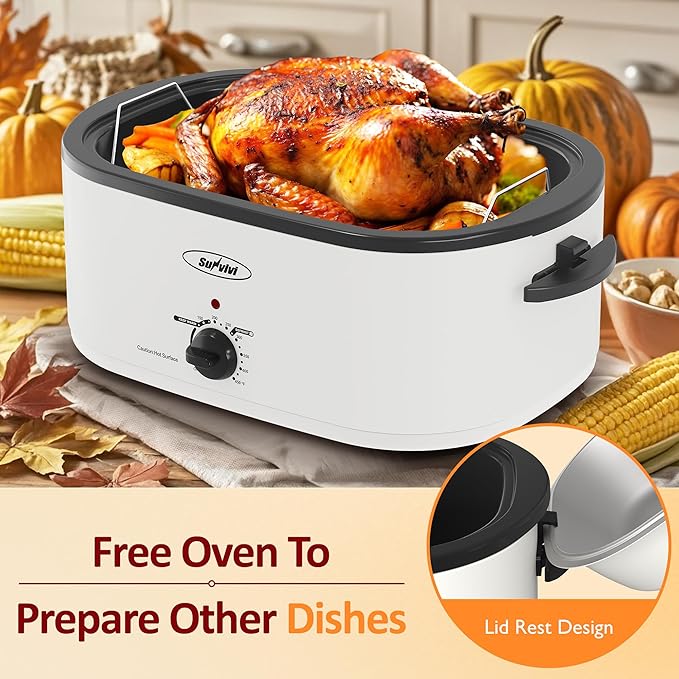 Sunvivi 26 Quart Electric Roaster Oven with Glass Lid, Turkey Roaster Oven Buffet with Self-Basting Lid, Removable Pan, Cool-Touch Handles, White