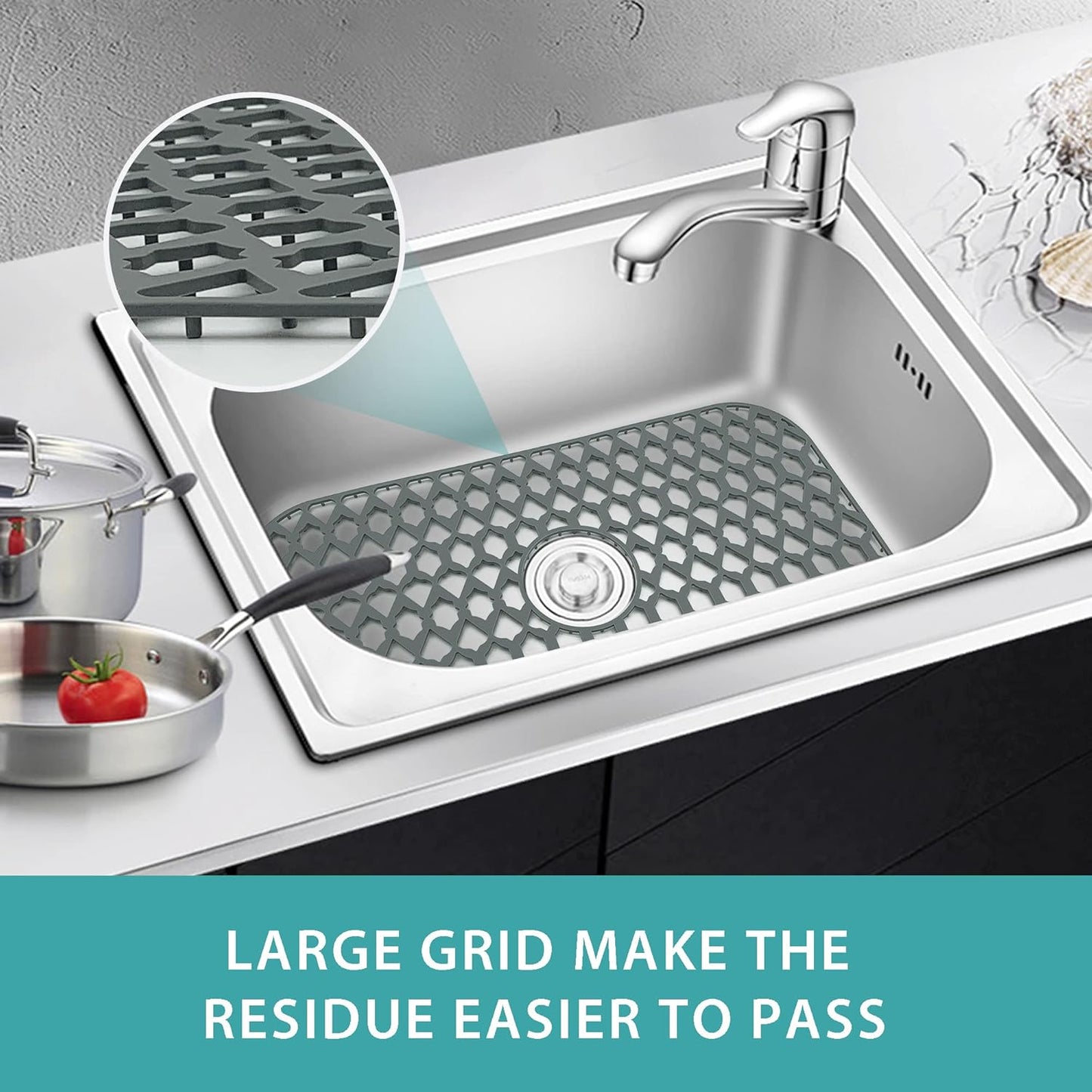 Large Sink Protectors for Kitchen Sink 19”x13”& 24”x13”& 26”x14”, Silicone Sink Mats Grid for Bottom of Farmhouse Stainless Steel Porcelain Sink (26”x14”, Center Drain)