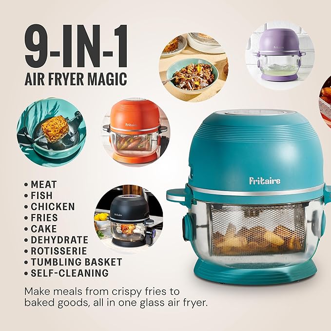 Non Toxic Air Fryer™ - Glass AirFryer 5 Quart w/ 360 Visibility, Self-Cleaning, 400F Vortex Air Fryer for Even Cooking, BPA-Free Teflon Free, 9-in-1 Functions, Rotisserie, Roast, Bake, Sage