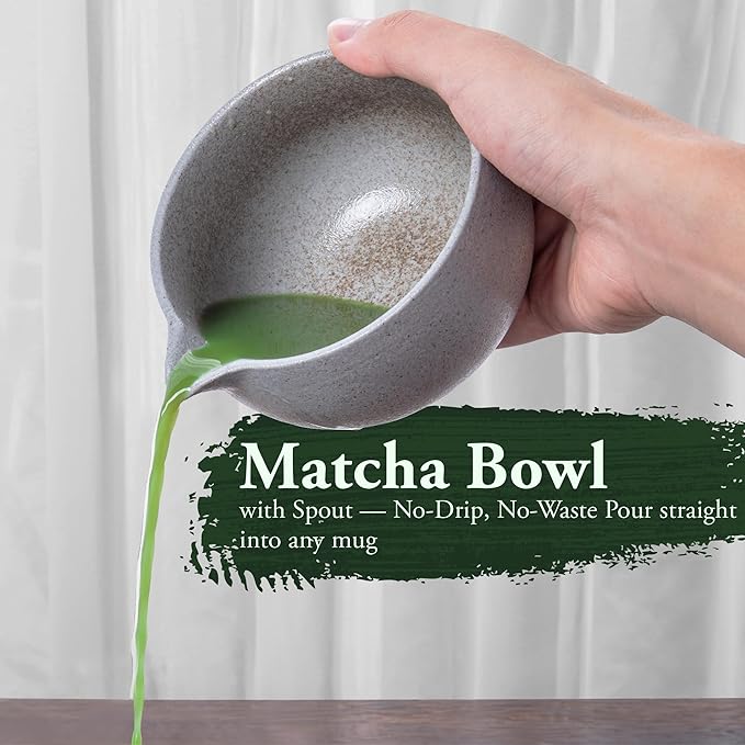 Stone-Texture Gray Matcha Whisk Set with Pouring Spout – Japanese Matcha Kit with Handcrafted Ceramic Bowl, Bamboo Whisk, Scoop, and Holder for Authentic Tea Ceremony
