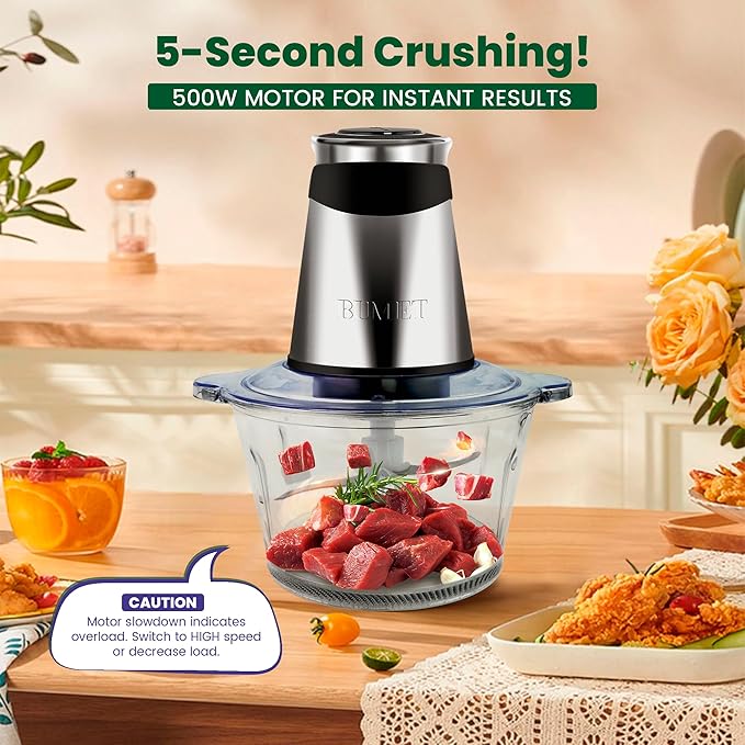 Electric food processor vegetable chopper 500W 2x8cup bowls 2 bi-layer 4 blades Small Food chopper Electric Meat grinder for home use,Mincing, and Puree for kitchen aid, baby foot, pet food