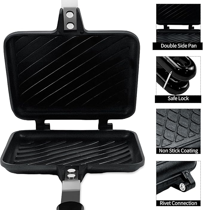 Sandwich Maker, Nonstick Panini Maker Pan Grilled Stove Top Toasted Pan, Double Sided Cheese Press with Handle for Breakfast, Camping, Home, Kitchen