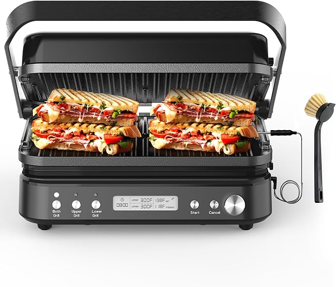 CATTLEMAN Panini Grill Press Sandwich Maker with Removable Plates, 5 in 1 Smokeless Indoor Grill & Griddle with Meat Thermometer, PFAS Free Ceramic Nonstick Reversible Plates, Opens Flat, 1600W