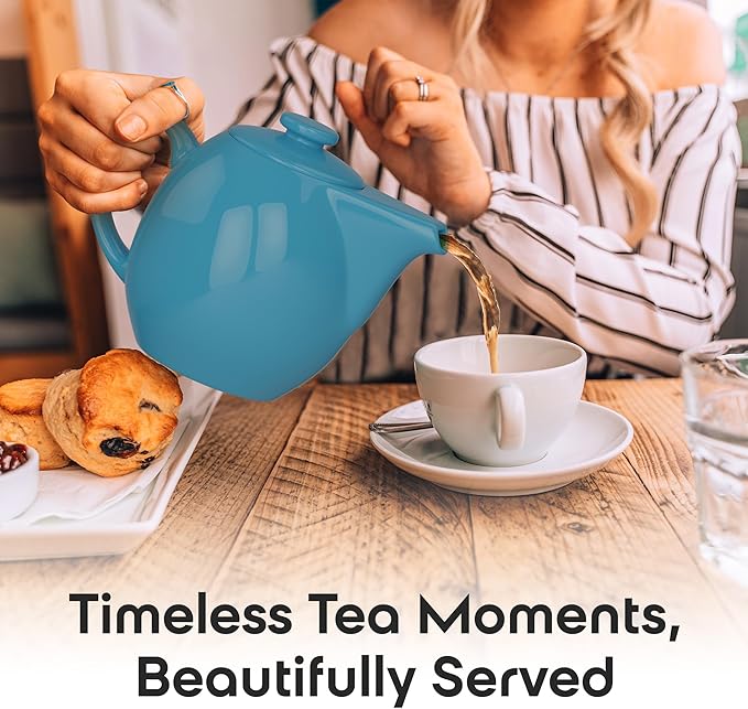 OmniWare 24 Ounce Teapot with Removable Stainless Steel Infuser (Turquoise) - Loose Leaf Tea Brewer, Microwave & Dishwasher Safe, Retro-Inspired Stoneware for Kitchen & Dining