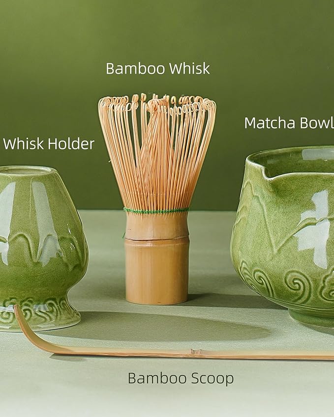 ZENS Matcha Whisk Set, 15oz Ceramic Matcha Bowl with Spout and Bamboo Whisk, (Chasen Holder) Scoop & Tea Towel, 5pcs Matcha Kit for Matcha Ceremony, Emerald Green