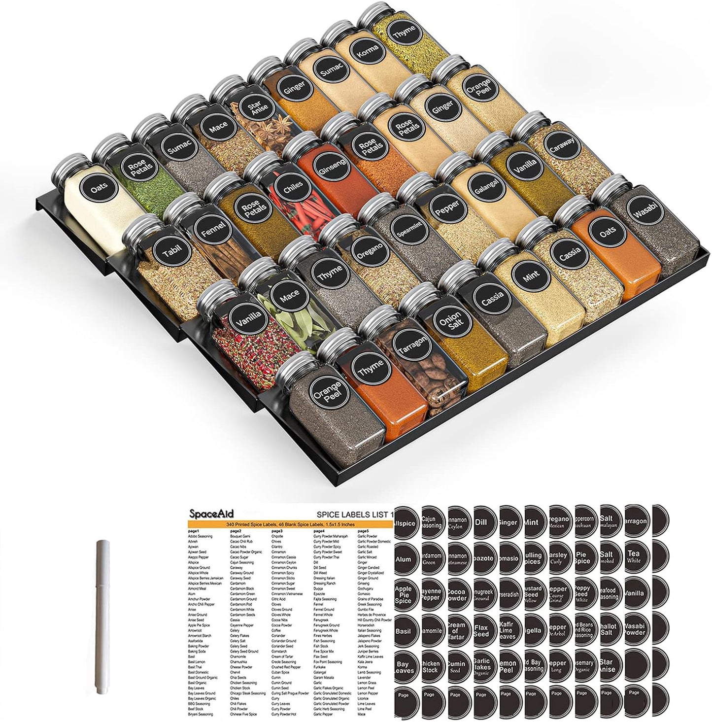 SpaceAid Spice Drawer Organizer with 36 Spice Jars, 386 Spice Labels, 4 Tier Seasoning Rack Tray Insert for Kitchen Drawers, 16.75" Wide x 17.5" Deep