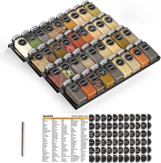 SpaceAid Spice Drawer Organizer with 36 Spice Jars, 386 Spice Labels, 4 Tier Seasoning Rack Tray Insert for Kitchen Drawers, 16.75" Wide x 17.5" Deep