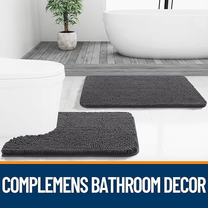 OLANLY Bathroom Rugs Sets 2 Piece, Soft Absorbent Chenille Bath Mats and U-Shaped Contour Toilet Mat Area Rug Set, Machine Washable Bath Carpet, Home Decor Accessories(36"x24"+24"x20", Dark Grey)