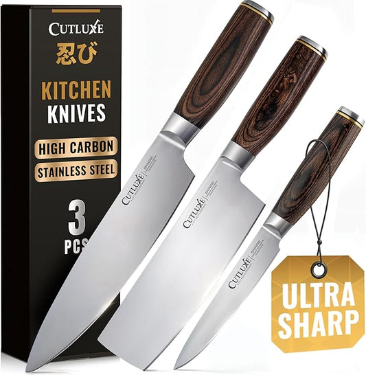 Cutluxe 3-Piece Chef Knife Set – Ultra Sharp Japanese Kitchen Knives, High Carbon Stainless Steel Blades, Full Tang Pakkawood Handles – Shinobi Series