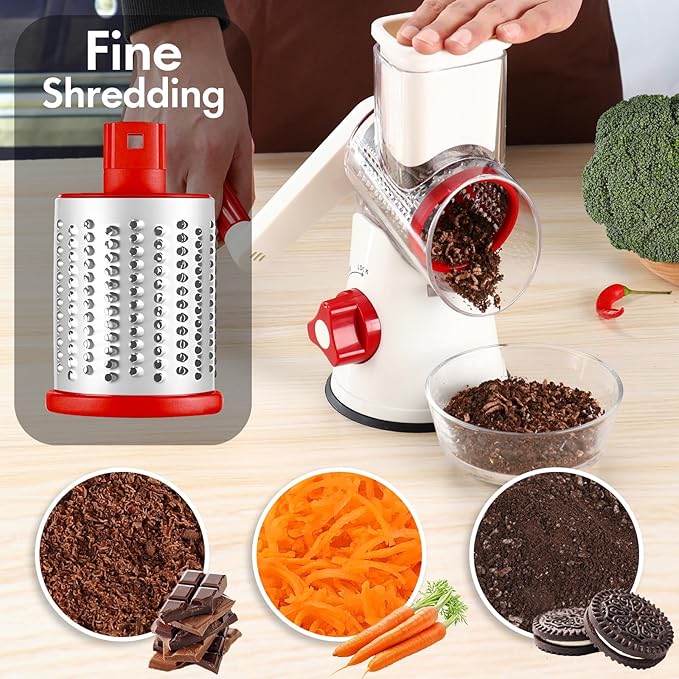 Rotary Cheese Grater Hand Crank, 3 in 1 Round Mandoline Slicer Potato Shredder Speed Vegetable Grinder for Nuts, Carrot, Hashbrown, Walnut, Cucumber, Chocalate (White Red)