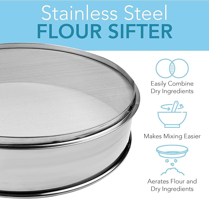 Stainless Steel Flour Sifter Fine Mesh Round Flour Sieve for Baking 8" Diameter x 2.5" High; 20 Mesh (Hole Size 0.85mm)