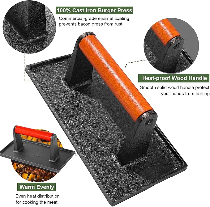 Smash Burger Press with Cast Iron Professional Heavy Duty Hamburger Smasher Tool for Grill Griddle Camp Chef Pitboss Weber and Meat Steak(8.6x4.3 inch Rectangle)