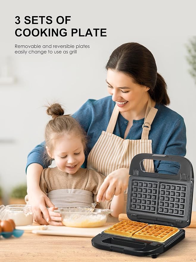 Reemix 3-in-1 Waffle, Grill & Sandwich Maker, Panini Press Grill and Waffle Iron, Black