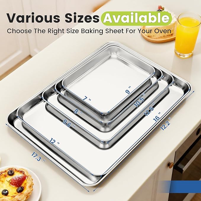 6 Pack Stainless Steel Baking Sheet Pans, 17.3" L × 12.2" W × 1" H Cookie Sheets for Toaster Oven, Rust-Resistant, Dishwasher Safe