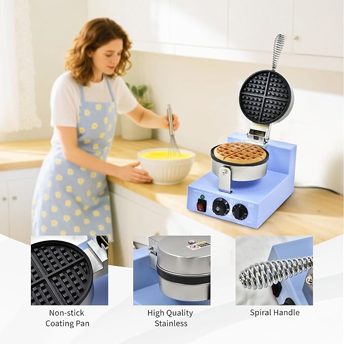 Commercial Waffle Maker, 1200W Round Rotating Waffle Iron Machine with Timer & Temp Control, Nonstick Plates, Heat-Resistant Shockproof Non-Conductive Plastic Body (110V, Sky Blue)