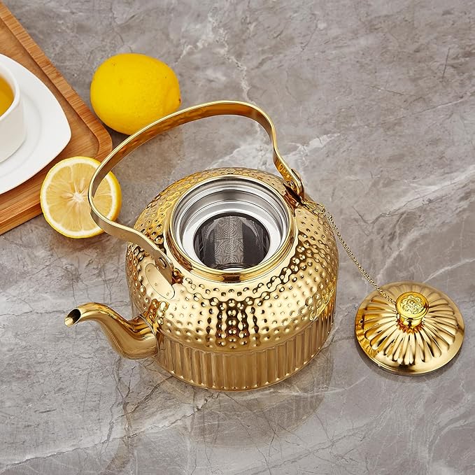 SANQIAHOME Antique 1.5L (50Oz) Stainless Steel Teapot with Infuser Gold